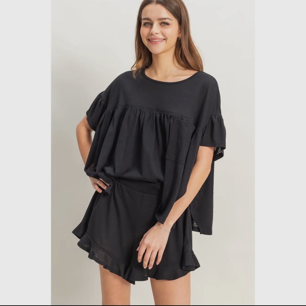 Stylish Black Ruffle Top and Shorts Set
